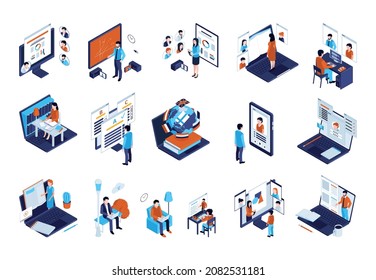 Isometric online education set with teachers electronic devices and people studying at home and outdoors 3d isolated vector illustration