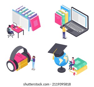 Isometric online education. Students studying at electronic library, reading books on computers and laptop. Listening to audiobook in headphones, learning geography with globe vector set