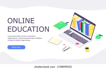 Isometric online education study banner concept, computer learn and book library flat design vector illustration. 