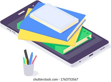 Isometric online education study and laptop teaching concept design book library flat design vector illustration. 3d educations studying and teaching course isolated on white background