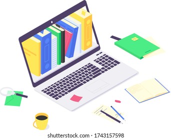 Isometric online education study and teaching concept, computer learn and book library flat design vector illustration. 3d educations studying and teach flat design isolated on white background