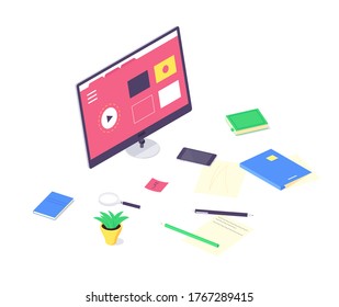 Estudio e concepto didáctico en línea, aprendizaje de tecnología y diseño de redes de tutoría ilustraciones vectoriales. 3.ª enseñanza estudiar y enseñar diseño plano aislado de fondo blanco