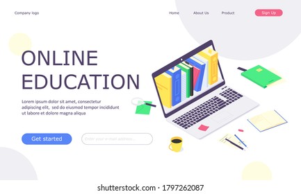Isometric online education study web template, computer learn and book library flat design vector illustration. 3d educations studying and teach flat design templates isolated on white background