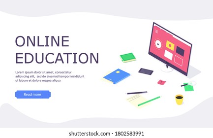 Isometric online education study web template computer learn and book library flat design vector illustration. 3d educations studying teach flat internet design templates isolated on white background