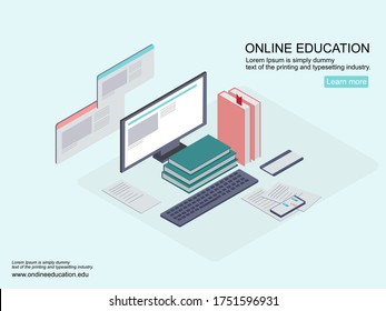 Isometric online education, Technology, Vector design.