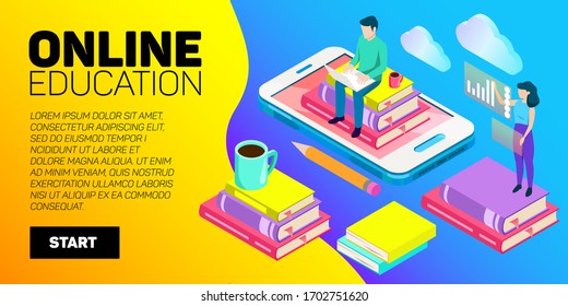 Isometric online education vector banner. E-learning. Imagination ad creativity.