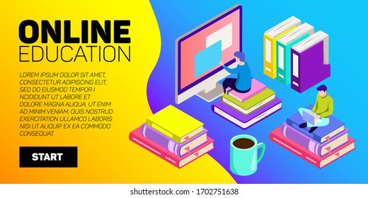 Isometric online education vector banner. E-learning. Imagination ad creativity.