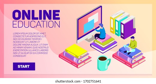 Isometric online education vector banner. E-learning. Imagination ad creativity.