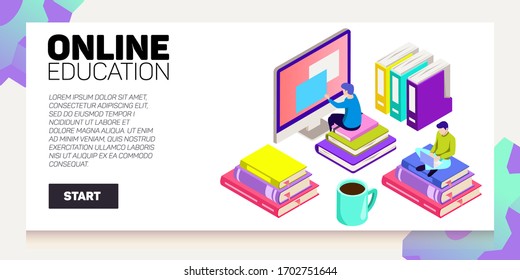 Isometric online education vector banner. E-learning. Imagination ad creativity.
