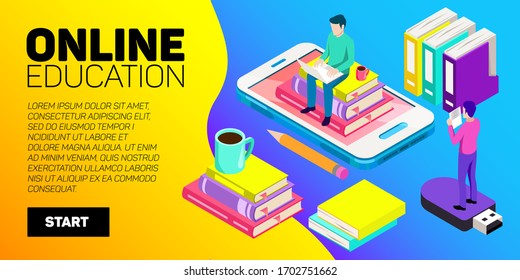 Isometric online education vector banner. E-learning. Imagination ad creativity.