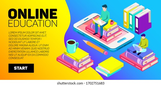 Isometric online education vector banner. E-learning. Imagination ad creativity.