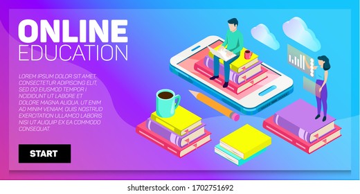 Isometric online education vector banner. E-learning. Imagination ad creativity.