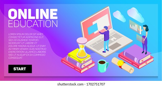 Cartel vectorial de educación en línea isométrica. Aprendizaje electrónico. Imaginación y creatividad.