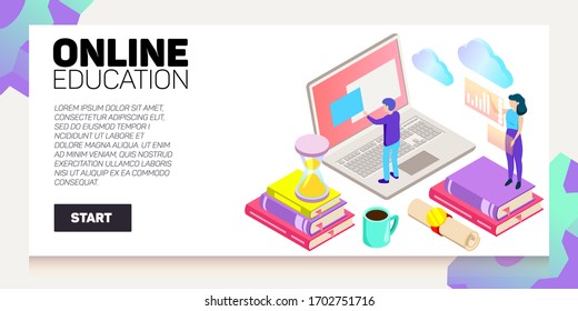 Isometric online education vector banner. E-learning. Imagination ad creativity.