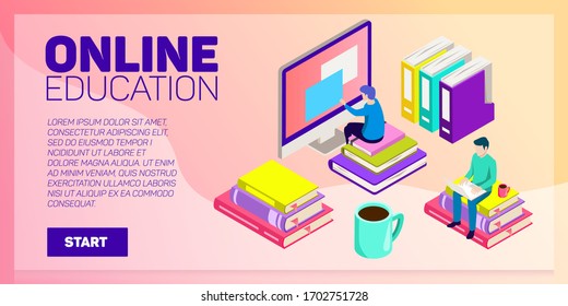 Isometric online education vector banner. E-learning. Imagination ad creativity.