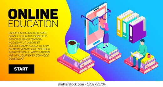 Isometric online education vector banner. E-learning. Imagination ad creativity.