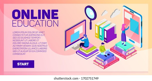 Isometric online education vector banner. E-learning. Imagination ad creativity.