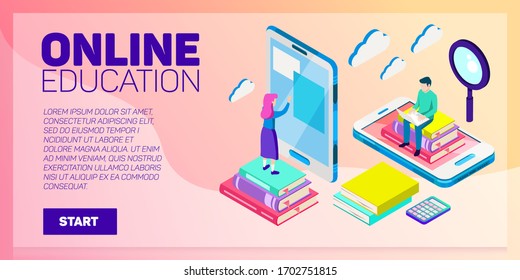 Isometric online education vector banner. E-learning. Imagination ad creativity.