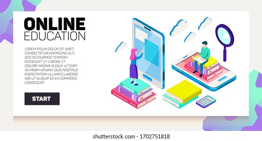 Isometric online education vector banner. E-learning. Imagination ad creativity.