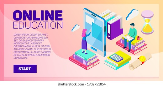 Isometric online education vector banner. E-learning. Imagination ad creativity.
