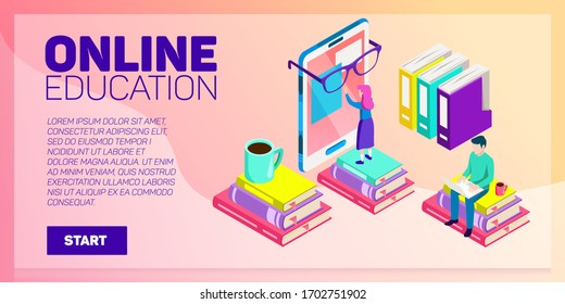 Isometrisches Banner für die Online-Vektorillustration. E-Learning. Fantasie und Kreativität.