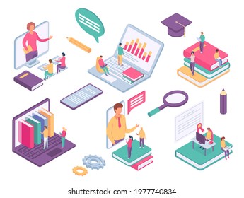 Isometric online education. Virtual class with students, books and teacher on phone screen. Distance school learning from home 3d vector set. Education online use smartphone and laptop illustration