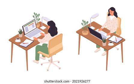 Isometric online education. Women sitting at computer, back and face view, pupil personal workplace, desktop with laptop. Distance learning in school. Vector cartoon isolated illustration