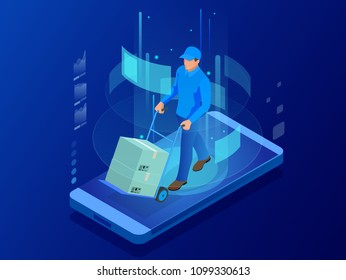 Isometric online Express, Free, Fast Delivery, Shipping concept. Checking delivery service app on mobile phone. Delivery-truck with cardboard box, mobile phone background. Vector illustration