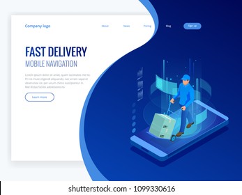 Isometric online Express, Free, Fast Delivery, Shipping concept. Checking delivery service app on mobile phone. Delivery-truck with cardboard box, mobile phone background. Vector illustration