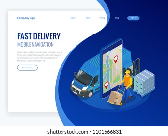 Isometric online Express, Free, Fast Delivery, Shipping concept. Checking delivery service app on mobile phone. Delivery-truck with cardboard box, mobile phone background. Vector illustration