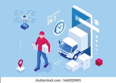 Isometric online Express, Free, Fast Delivery, Shipping concept. Checking delivery service app on a mobile phone. Delivery-truck with cardboard box, mobile phone background.