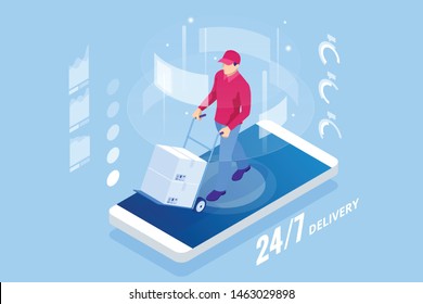 Isometric online Express, Free, Fast Delivery, Shipping concept. Checking delivery service app on a mobile phone. Delivery-truck with cardboard box, mobile phone background.