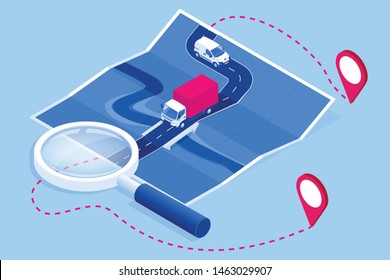 Isometric online Express, Free, Fast Delivery, Shipping concept. Checking delivery service app on a mobile phone. Delivery-truck with cardboard box, mobile phone background.