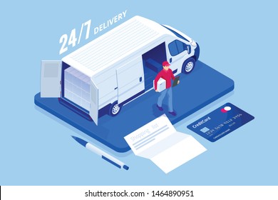 Isometric online Express, Free, Fast Delivery, Shipping concept. Checking delivery service app on a mobile phone. Delivery-truck with cardboard box, mobile phone background.