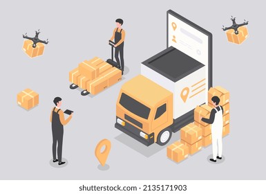 Isometric online Express. Men in warehouse loading truck with boxes. Logistics and itinerary. Online shopping and home delivery, modern technologies, comfortable service. Cartoon vector illustration