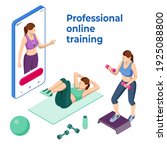Isometric online fitness and training on smartphone. Distant training with personal trainer. Young fit woman in sportswear watching online video with fitness exercises.