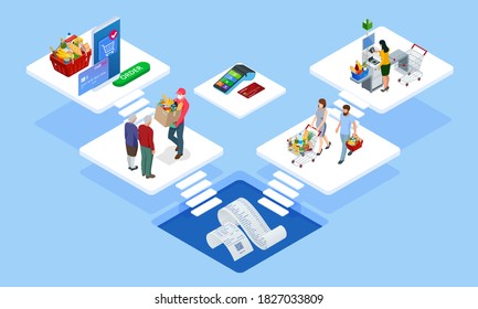 Isometric Online food ordering from supermarket using mobile app. Shopping basket with fresh food. Grocery supermarket, food and eats online buying and delivery concept.