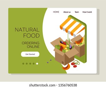 Isometric online food shopping. Web page template. Mobile app for buying fruit and vegetables