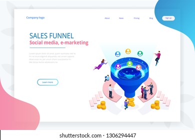 Isometric online funnel generation sales, customer generation, digital marketing and e-business technology concept. Landing page template for web. Internet marketing vector illustration