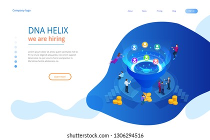 Isometric online funnel generation sales, customer generation, digital marketing and e-business technology concept. Landing page template for web. Internet marketing vector illustration