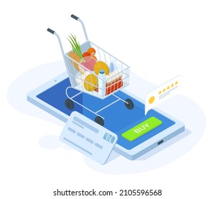 Isometric online grocery shopping, food order app concept. Grocery store online application, food purchases screen vector illustration. Supermarket grocery order app. Online app isometric for delivery