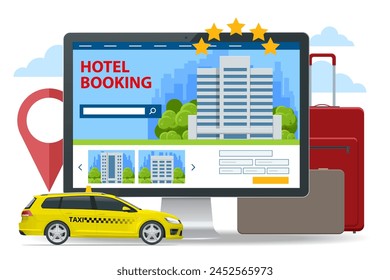 Isometric online hotel booking concept. Buying ticket with smartphone. People booking hotel and search reservation for holiday. Smartphone maps gps location