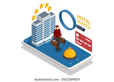 Isometric Online Hotel Booking Concept. Characters Planning Trip and Choosing Destination. People Booking Hotel and Search Reservation for Holiday. Smartphone Maps GPS Location