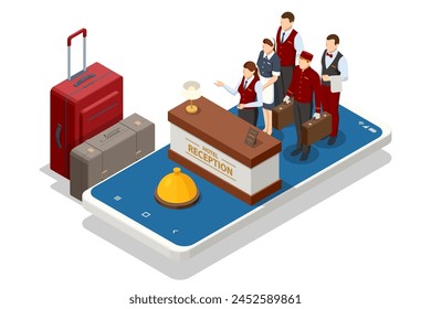 Isometric Online Hotel Booking Concept. Characters Planning Trip and Choosing Destination. People Booking Hotel and Search Reservation for Holiday. Smartphone Maps GPS Location