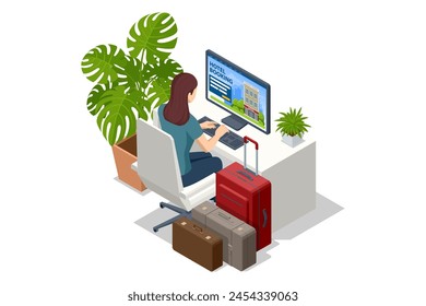 Isometric online hotel booking concept. Buying ticket with smartphone. People booking hotel and search reservation for holiday. Smartphone maps gps location.