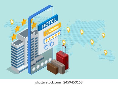 Isometric online hotel booking concept.People booking hotel and search reservation for holiday. Smartphone maps gps location.