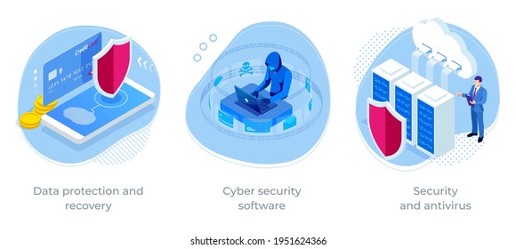 Isometric Online information protect, internet digital technology. Digital crime by an anonymous hacker. Security and antivirus