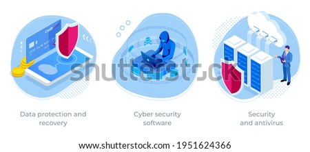 Isometric Online information protect, internet digital technology. Digital crime by an anonymous hacker. Security and antivirus