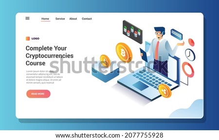 isometric online investment experts explaining bitcoin other cryptocurrency financial concept 
