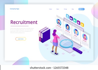 Isometric online job search and human resource, recruitment concept. We are hiring. Presentation for employment and infographics for recruiting. Template website Landing page.